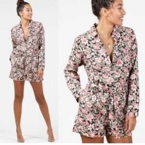 Outerknown Womens Wander Romper medium Black Floral Button Up Pockets  $188